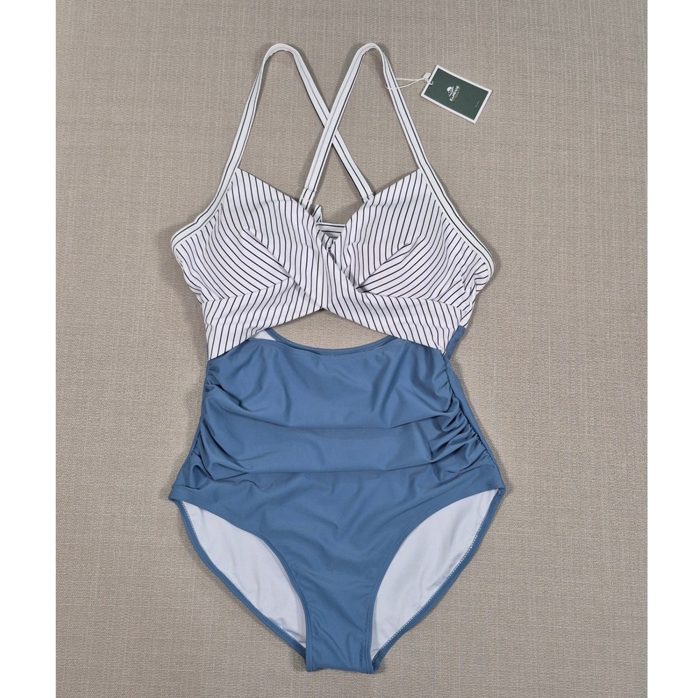 EOMENIE Womens One Piece Swimsuit Blue Striped Ruched Tummy Control Cutout Large